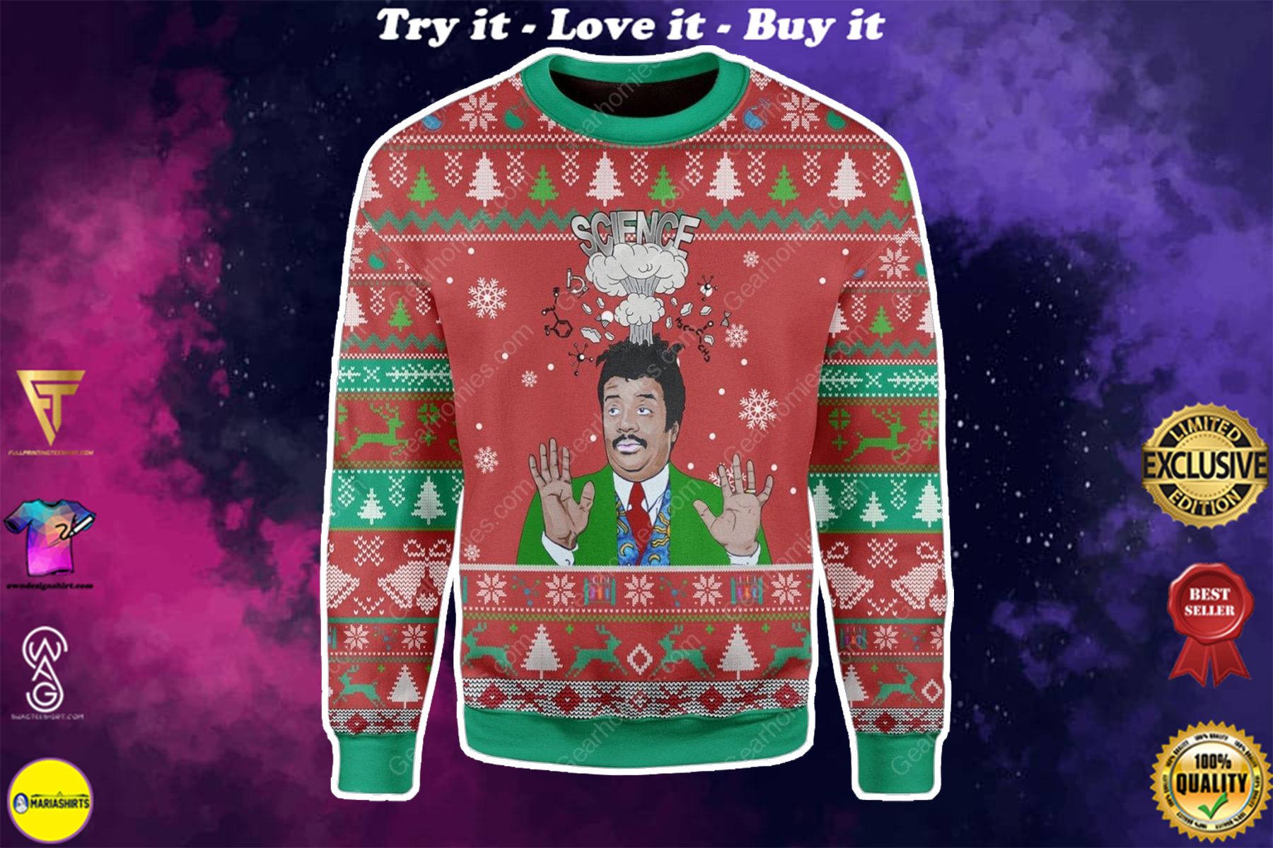 neil degrasse tyson science big bang all over printed ugly christmas sweater