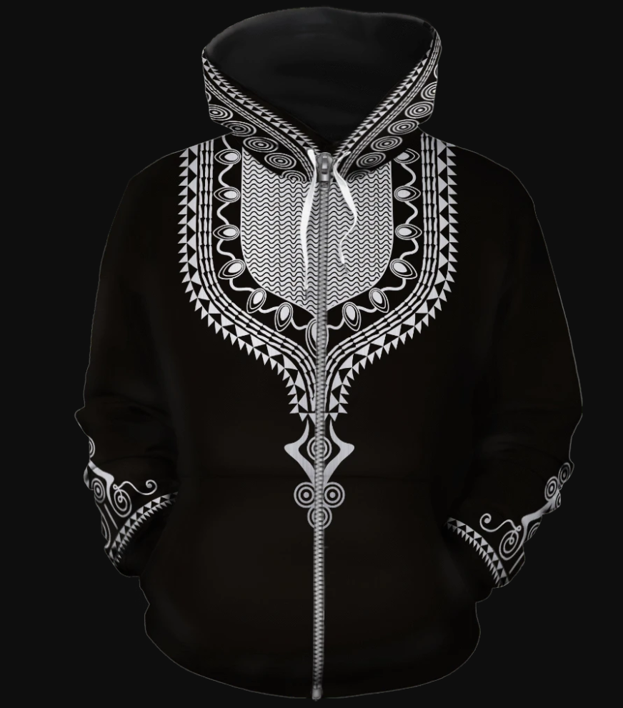 Dashiki black and white all over printed 3D zip hoodie