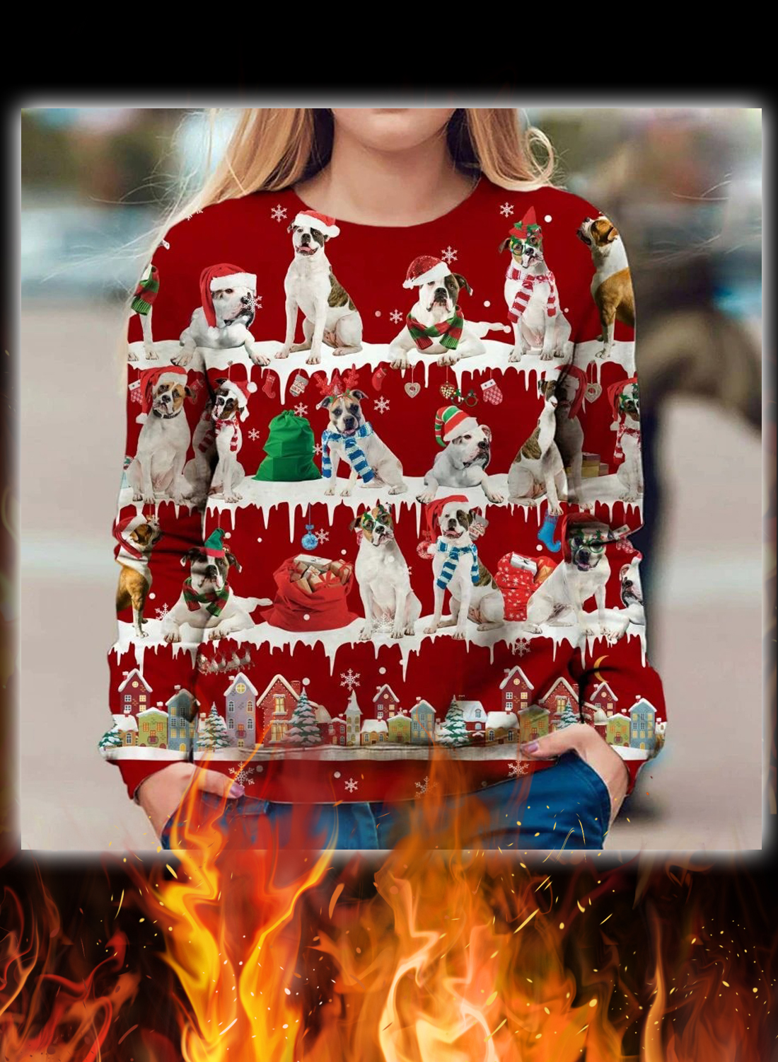 American Bulldog snow christmas ugly sweater