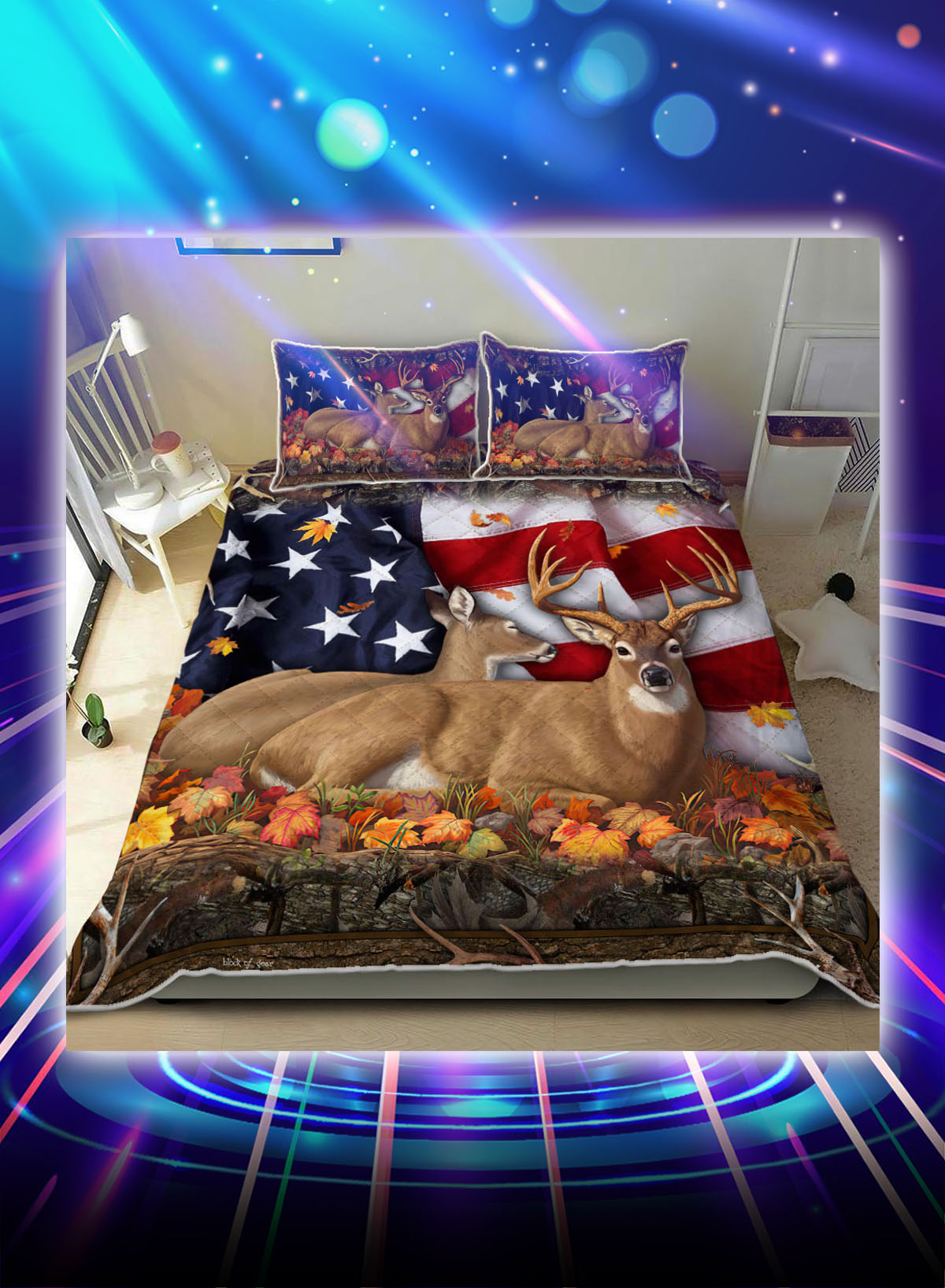 Deer hunting american flag bed set