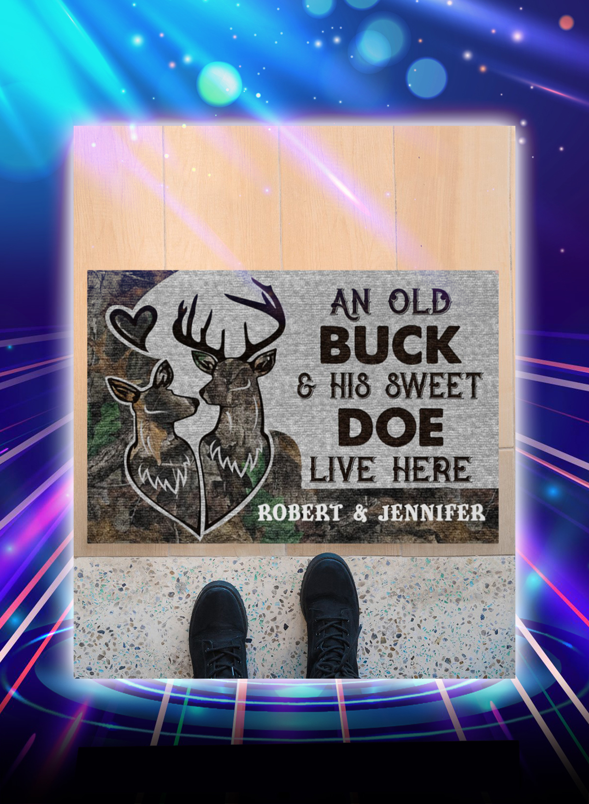 Doormat Deer camo an old buck and his sweet doe live here personalized custom name - Picture 1