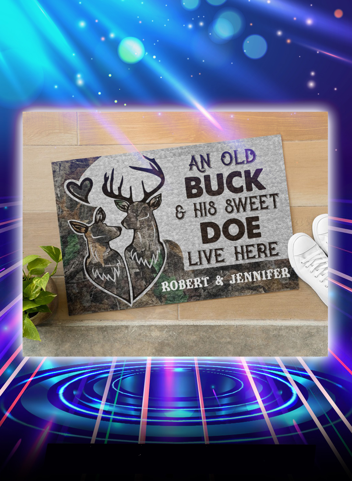 Doormat Deer camo an old buck and his sweet doe live here personalized custom name