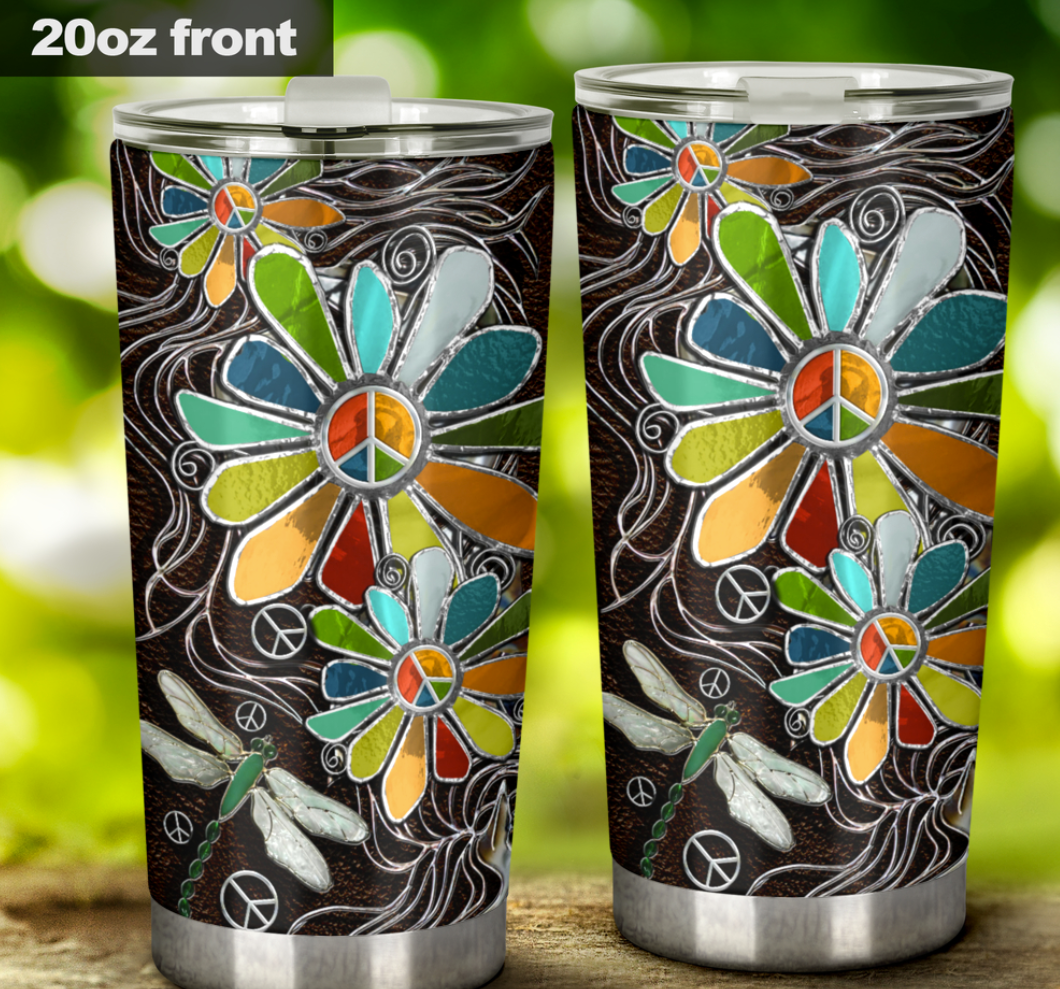 Dragonfly and hippie sunflower tumbler 1