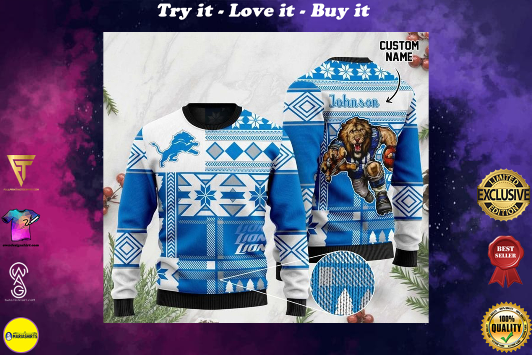 [special edition] custome name detroit lions football team christmas ugly sweater – maria