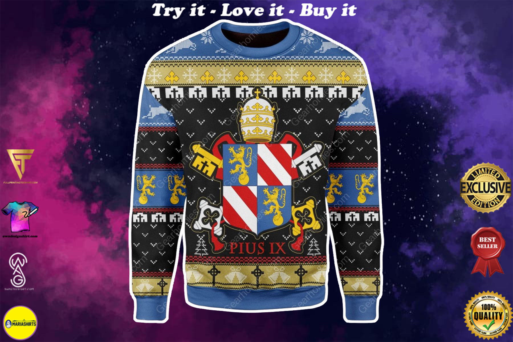 coat of arms of pope pius ix all over printed ugly christmas sweater