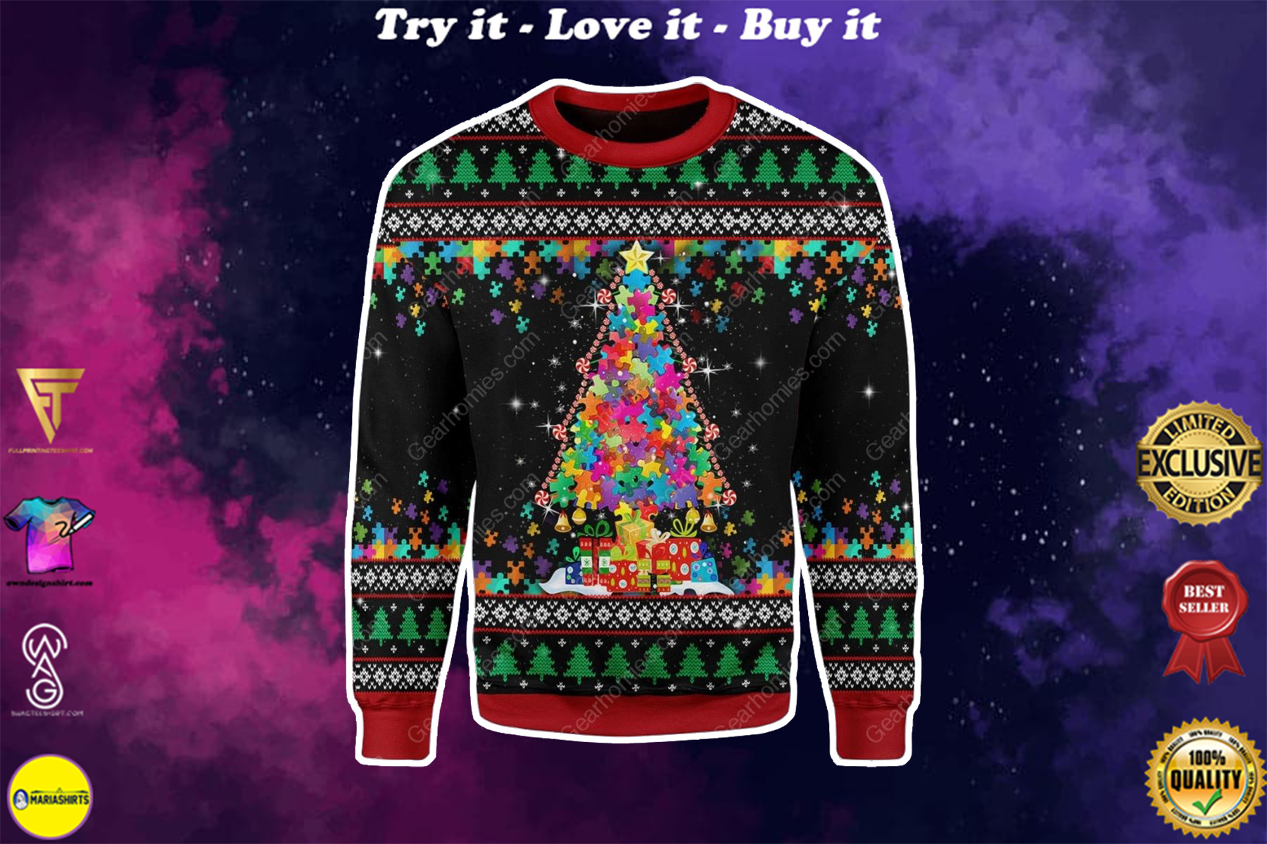 autism awareness all over printed ugly christmas sweater