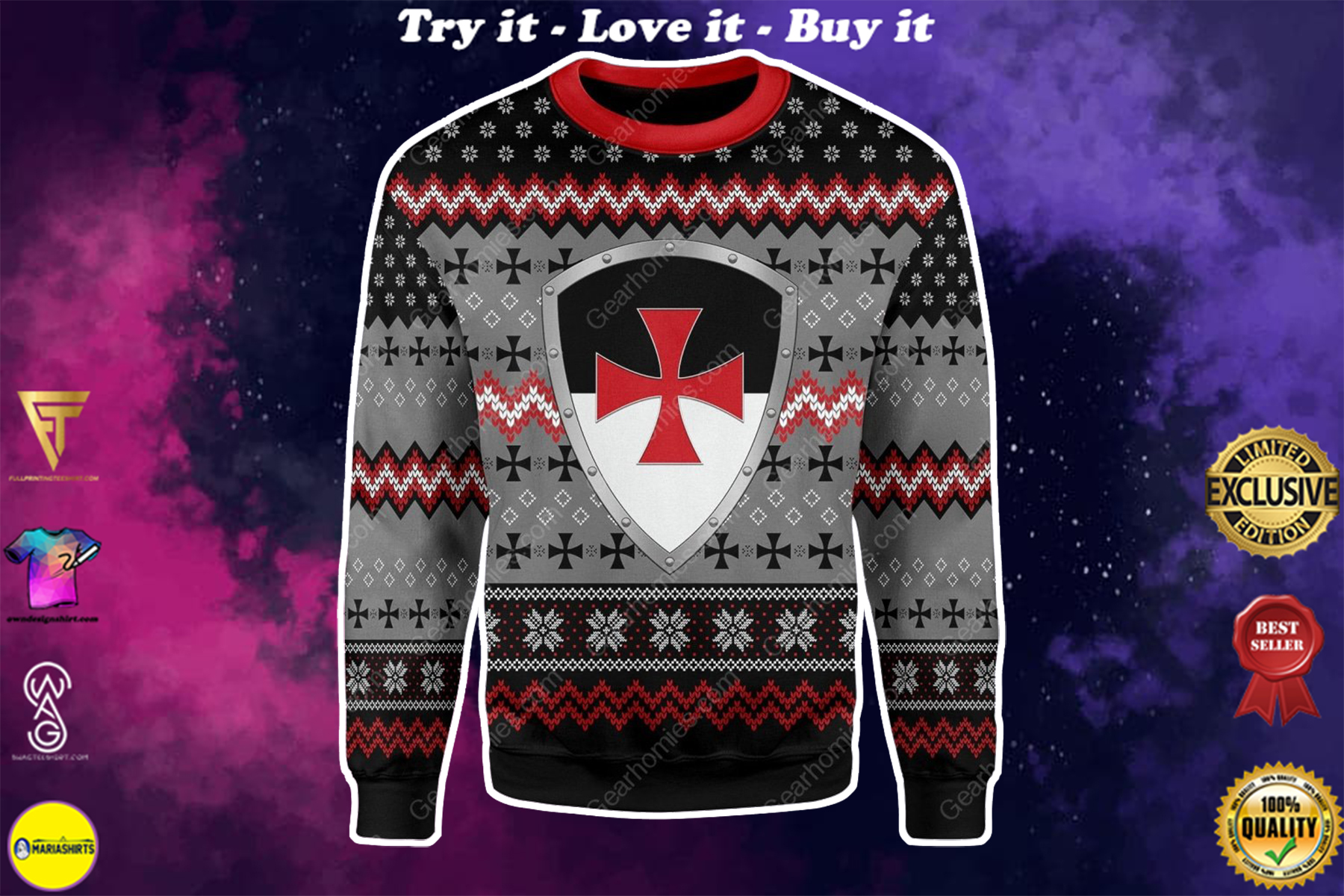 the knights templar all over printed ugly christmas sweater