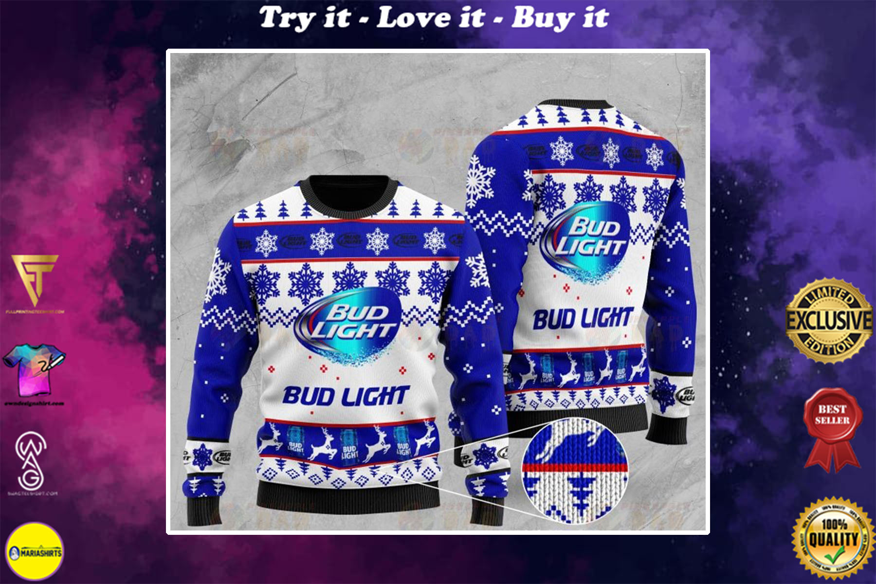 [special edition] bud light beer deer all over printed ugly christmas sweater – maria