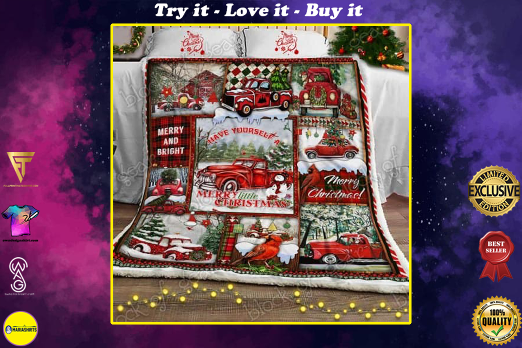[special edition] red truck christmas merry and bright all over printed blanket – maria