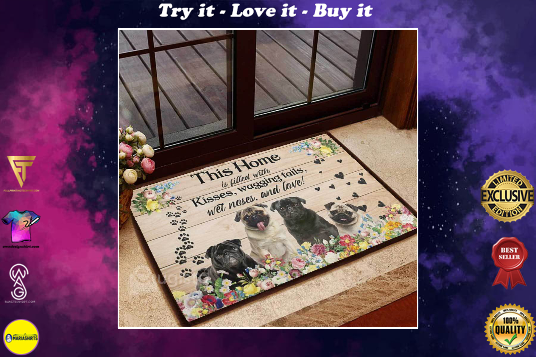 [special edition] floral pug this home is filled with kisses wagging tails doormat – maria