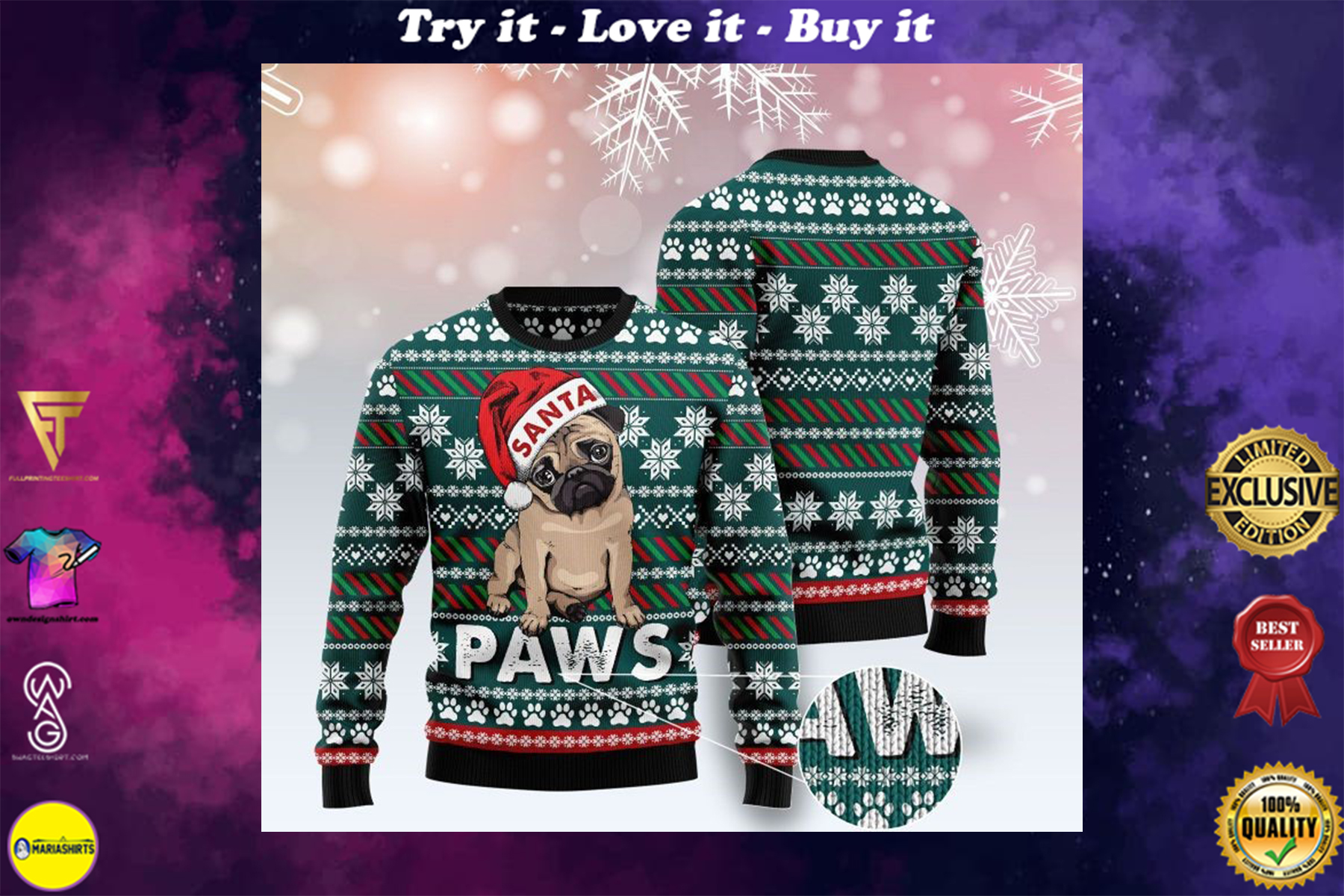 pug santa full printing christmas sweater
