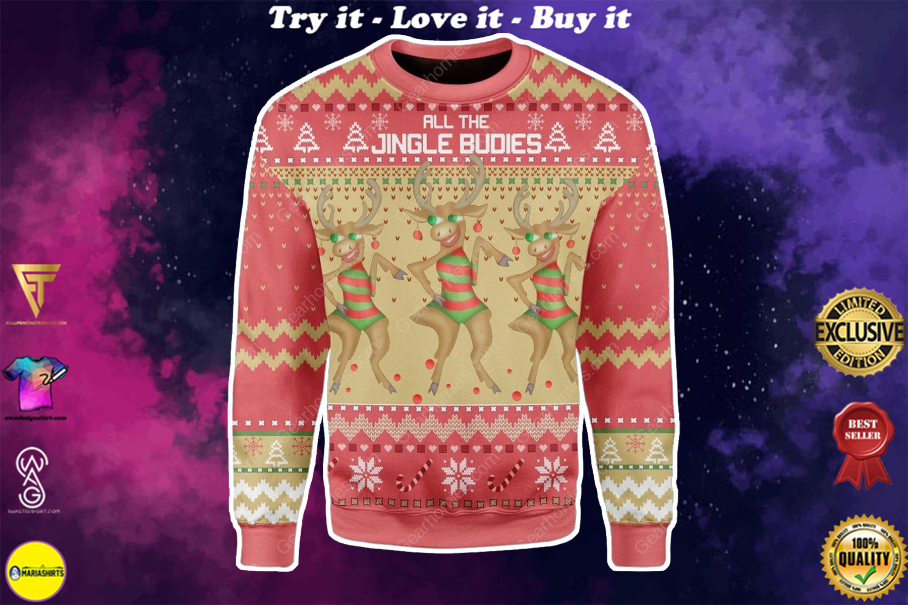 reindeer all the single budies all over printed ugly christmas sweater