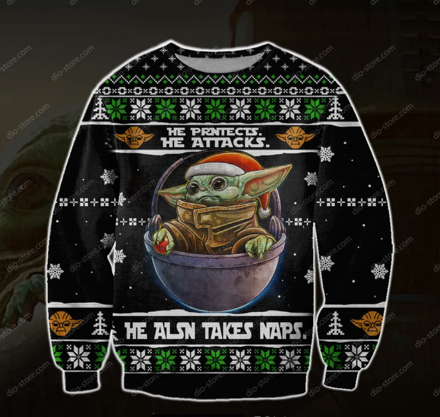 Baby Yoda he protects he attacks he also takes naps ugly sweater