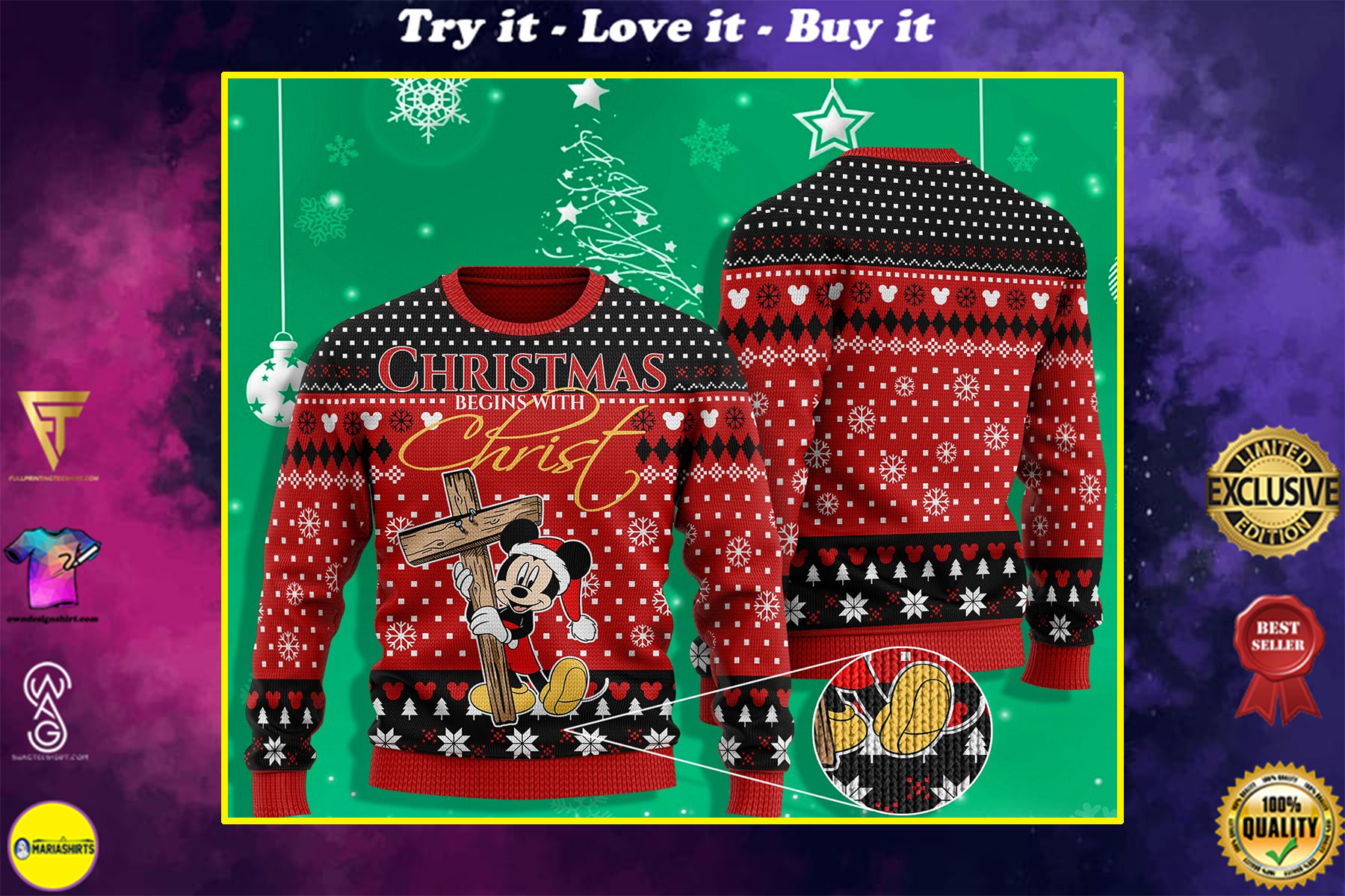 mickey mouse christmas begins with Christ ugly christmas sweater