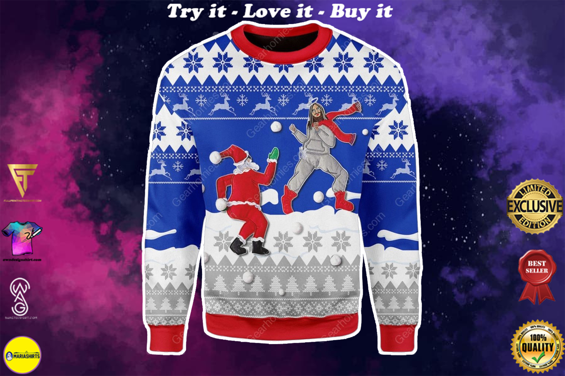 santa and Jesus play snowball all over printed ugly christmas sweater