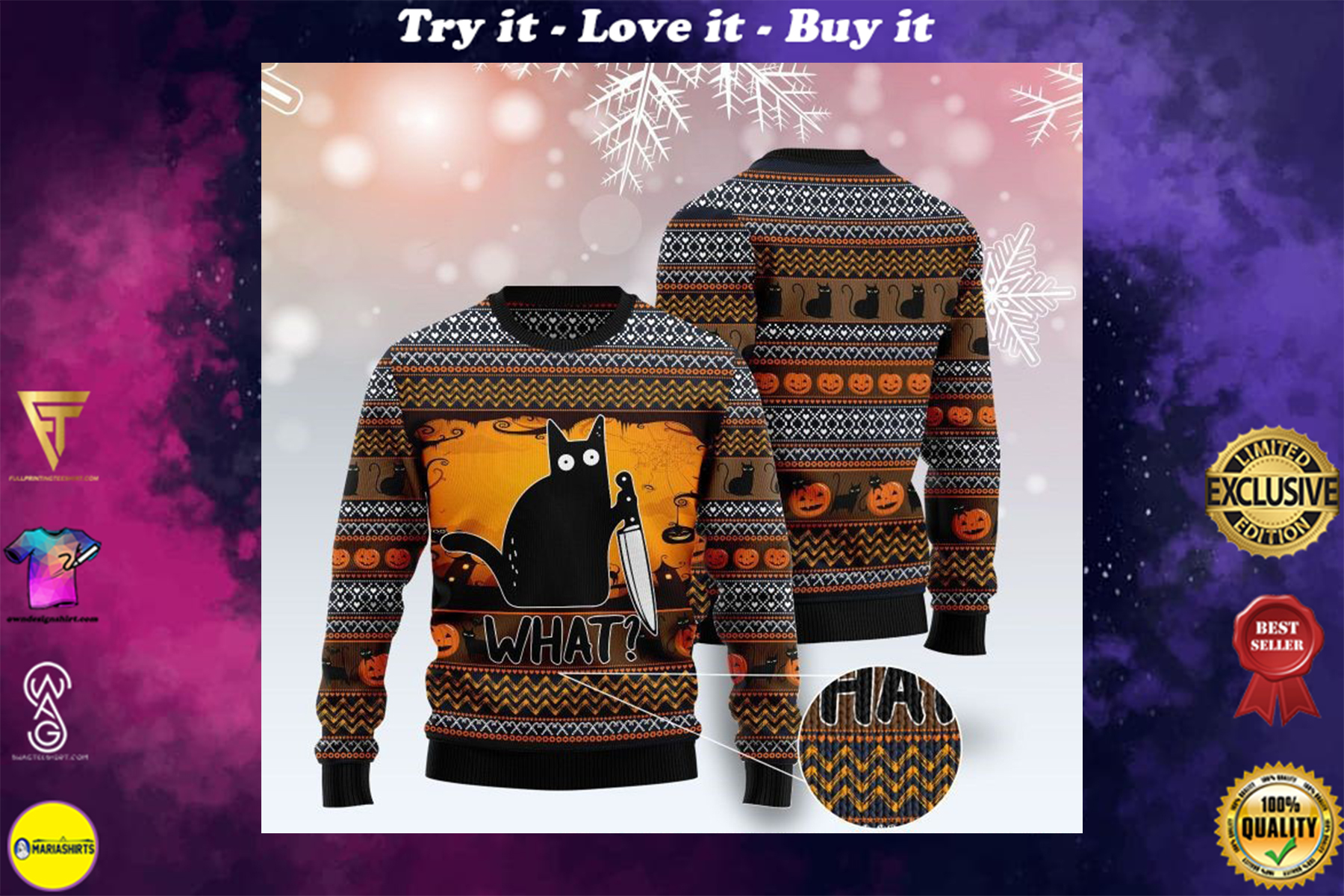 cat what murderous black cat with knife full printing ugly sweater