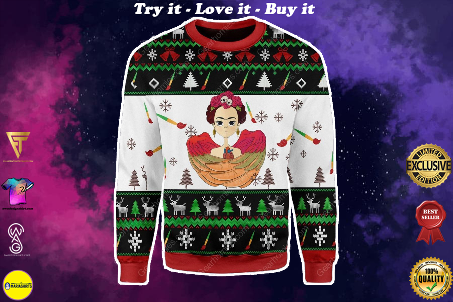 frida kahlo all over printed ugly christmas sweater