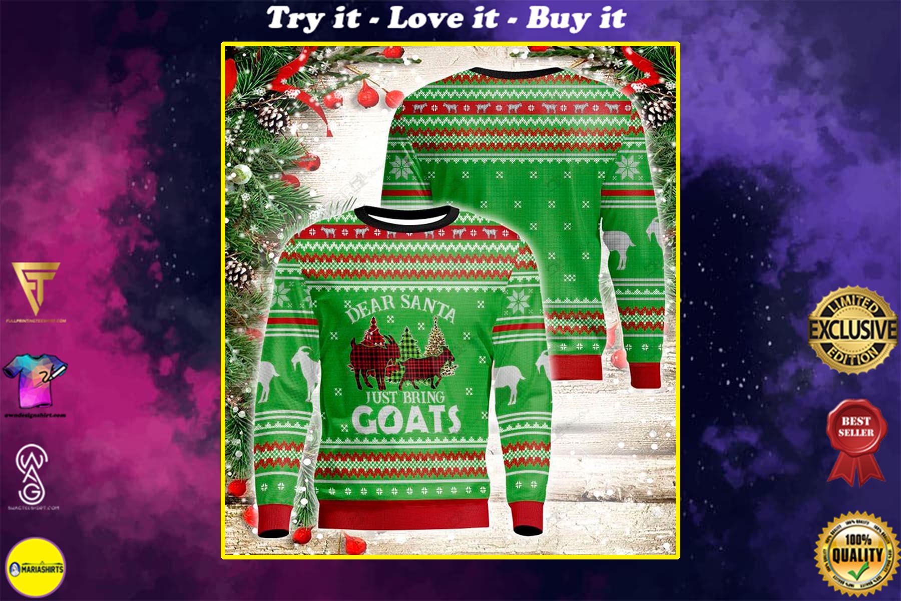 dear santa just bring goats all over printed ugly christmas sweater