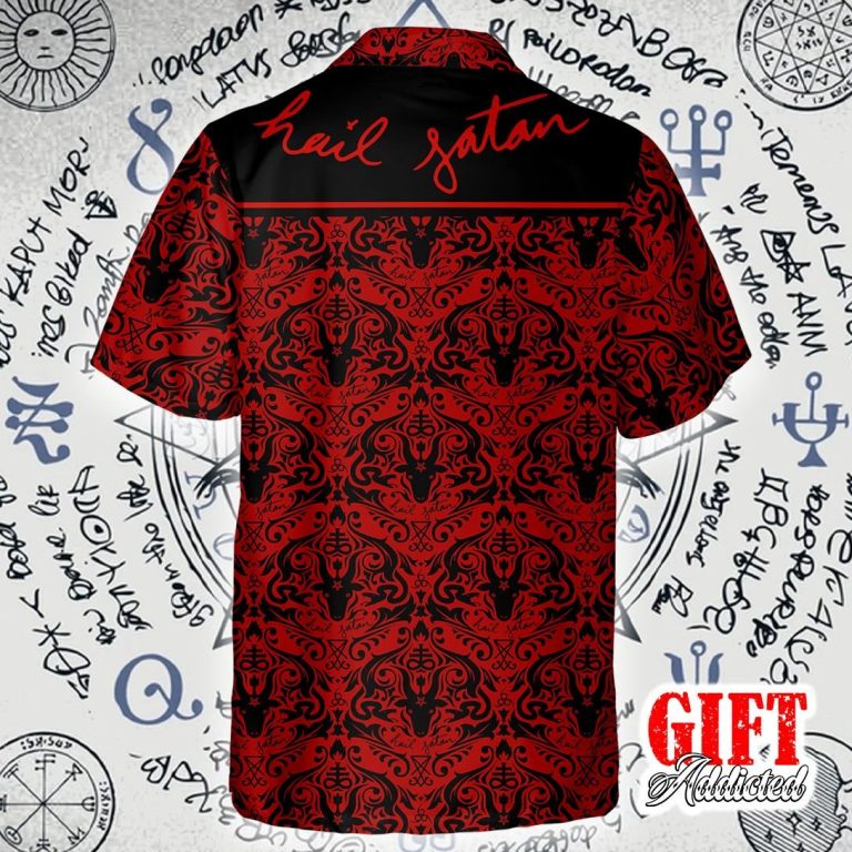 Hail Satan demon black and red pattern Hawaiian shirt 2