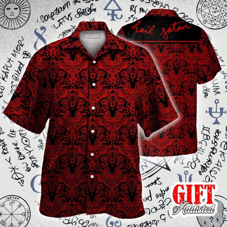 Hail Satan demon black and red pattern Hawaiian shirt