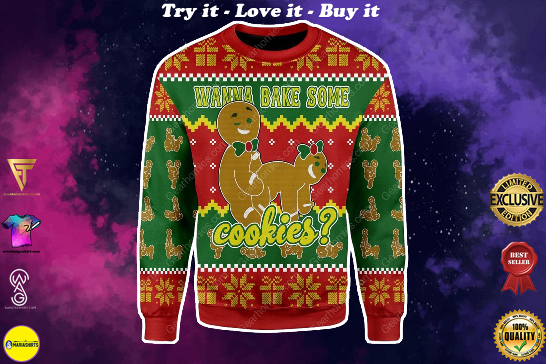 wanna bake some cookies all over printed ugly christmas sweater