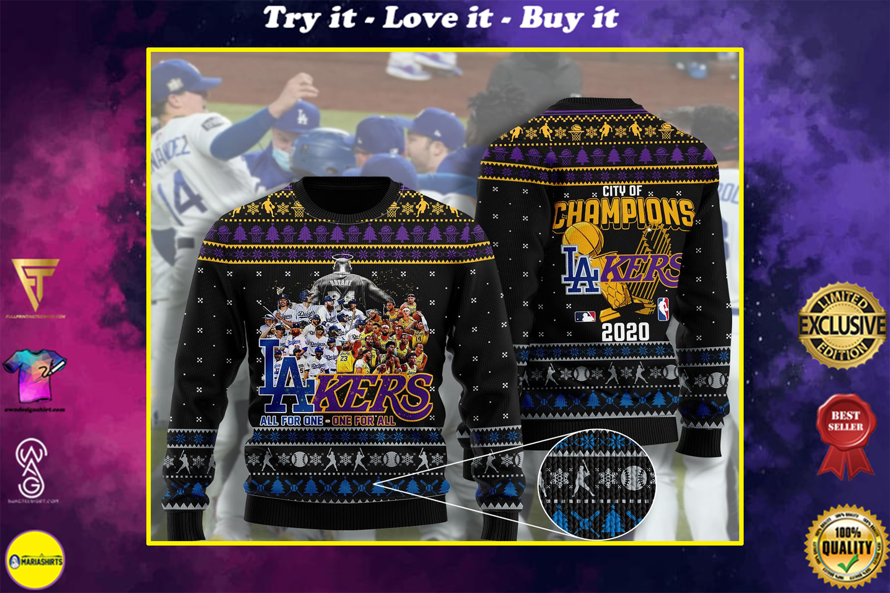 los angeles dodgers and los angeles lakers ugly christmas sweater