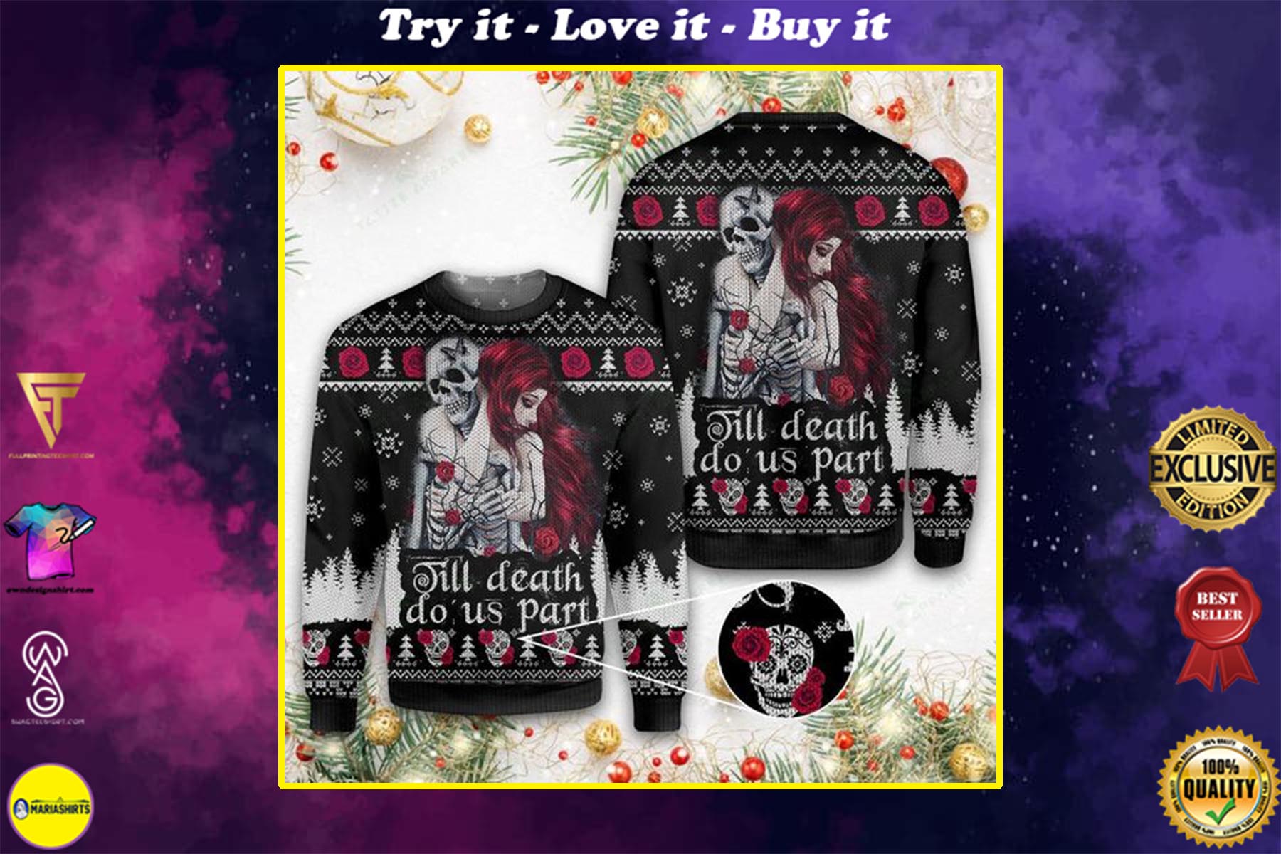 [special edition] couple skull till death do us part all over printed ugly christmas sweater – maria