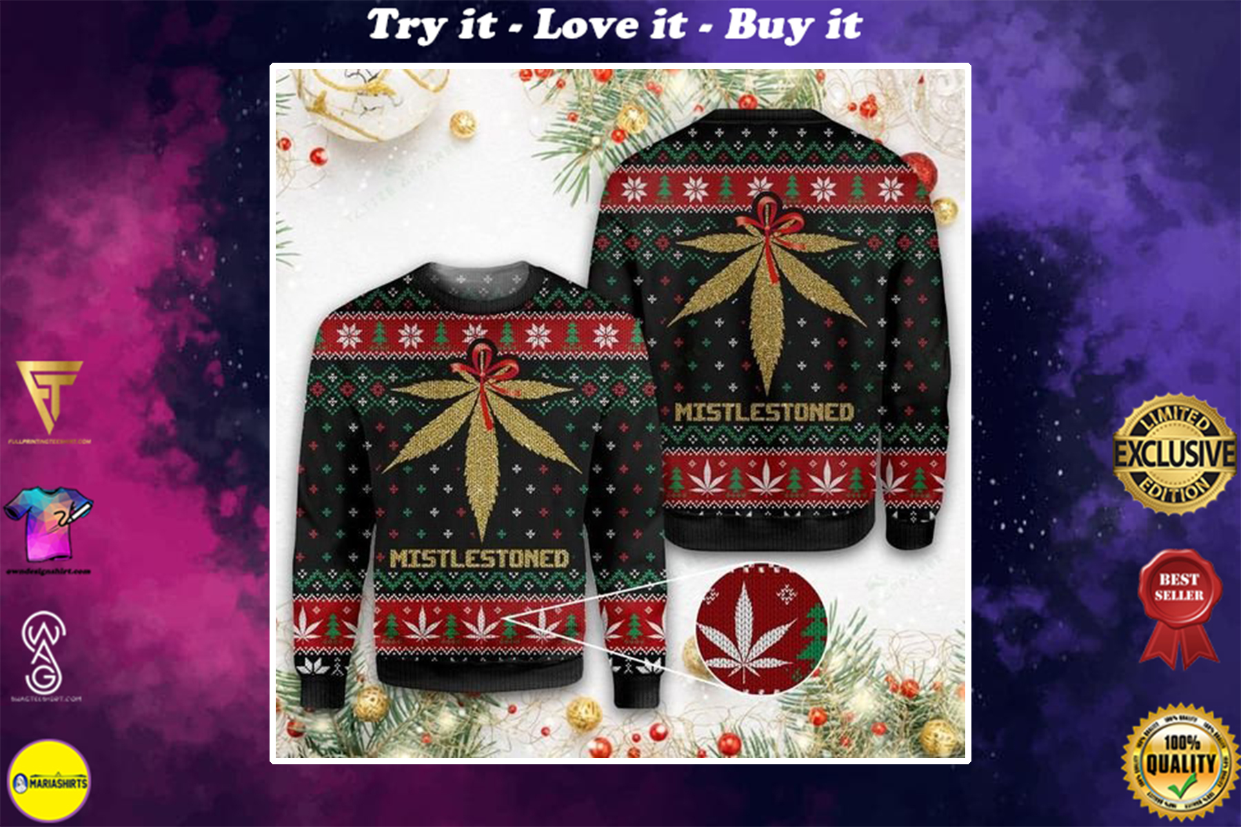 [special edition] merry christmas weed mistlestoned all over printed ugly christmas sweater – maria