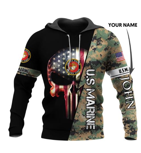 Personalized Custom Name US Armed Force Punisher Skull Hoodie-US Marine