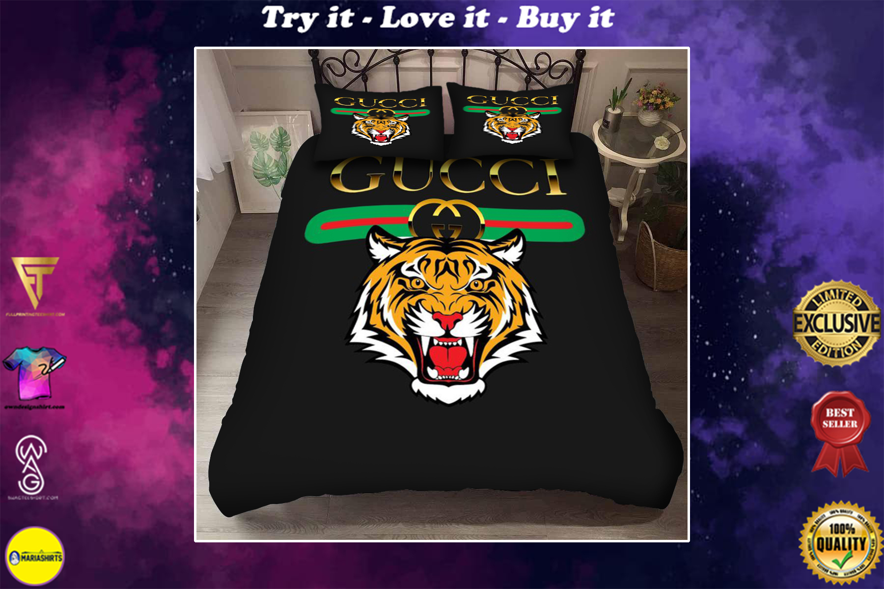 gucci with tiger logo bedding set