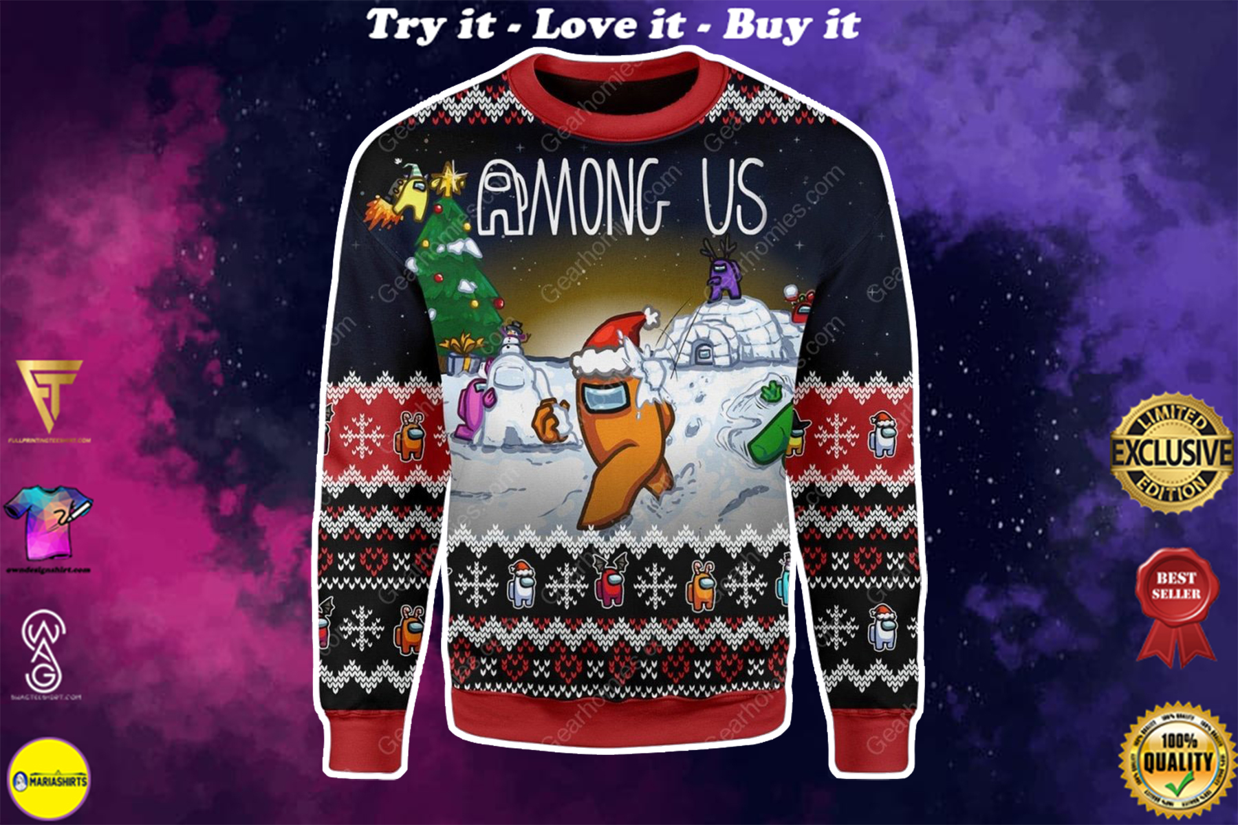 among us all over printed ugly christmas sweater