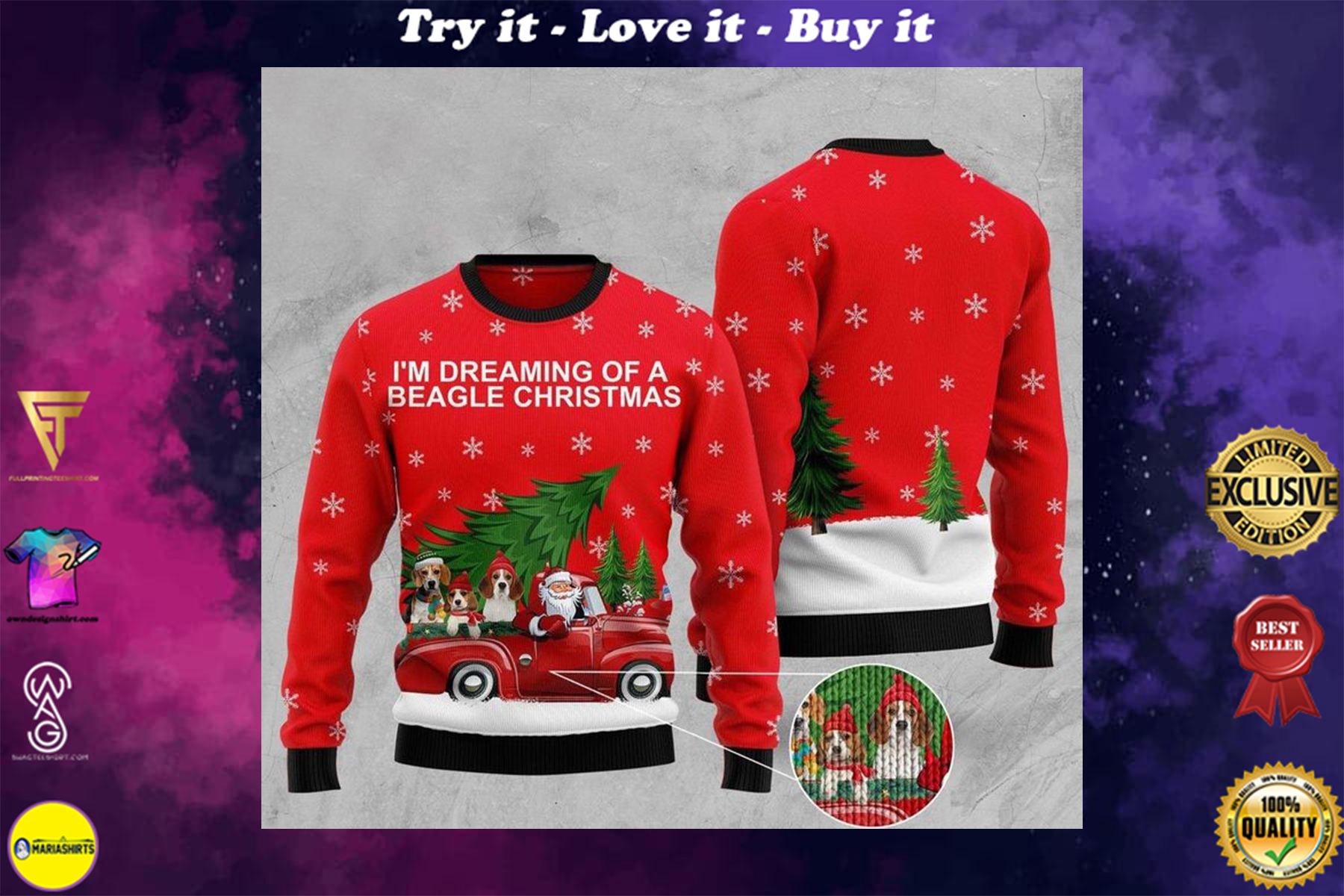 im dreaming of a beagle christmas full printing ugly sweater