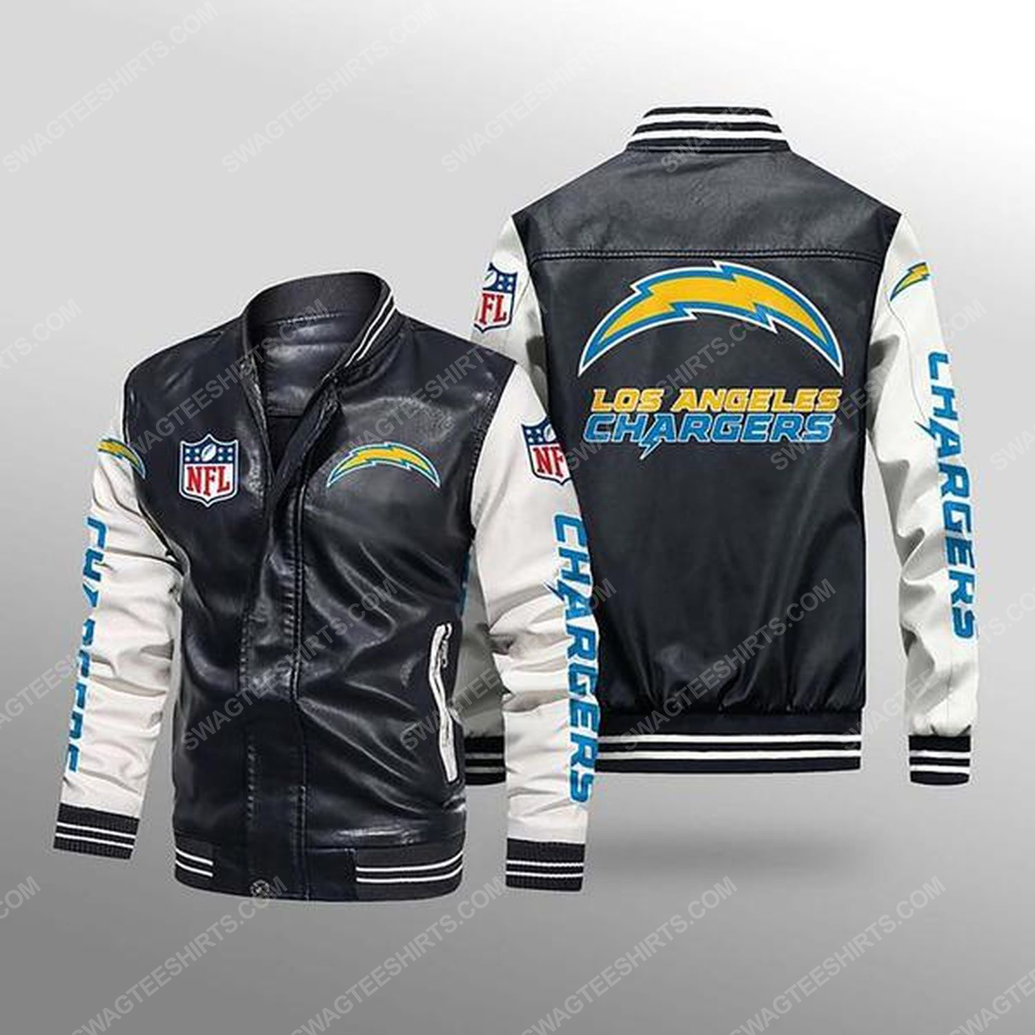 [special edition] Los angeles chargers all over print leather bomber jacket – maria