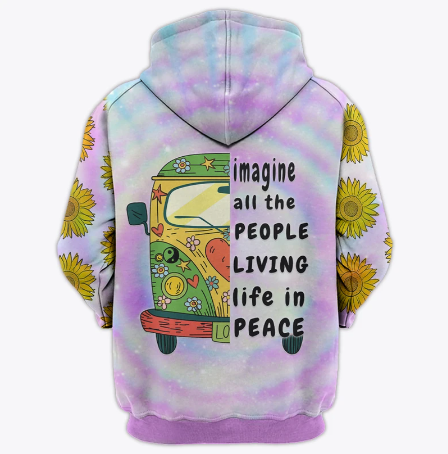 Hippie sunflower imagine all the people living in peace all over printed 3D hoodie 2