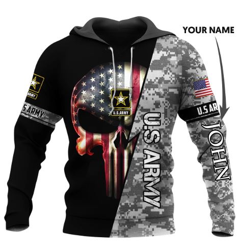 Personalized Custom Name US Armed Force Punisher Skull Hoodie-US Army White