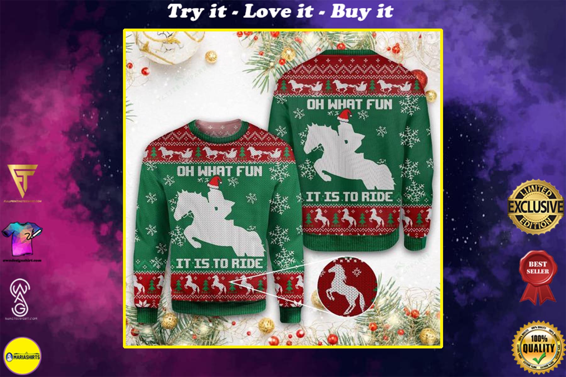 [special edition] christmas horse oh what fun it is to ride all over printed ugly christmas sweater – maria