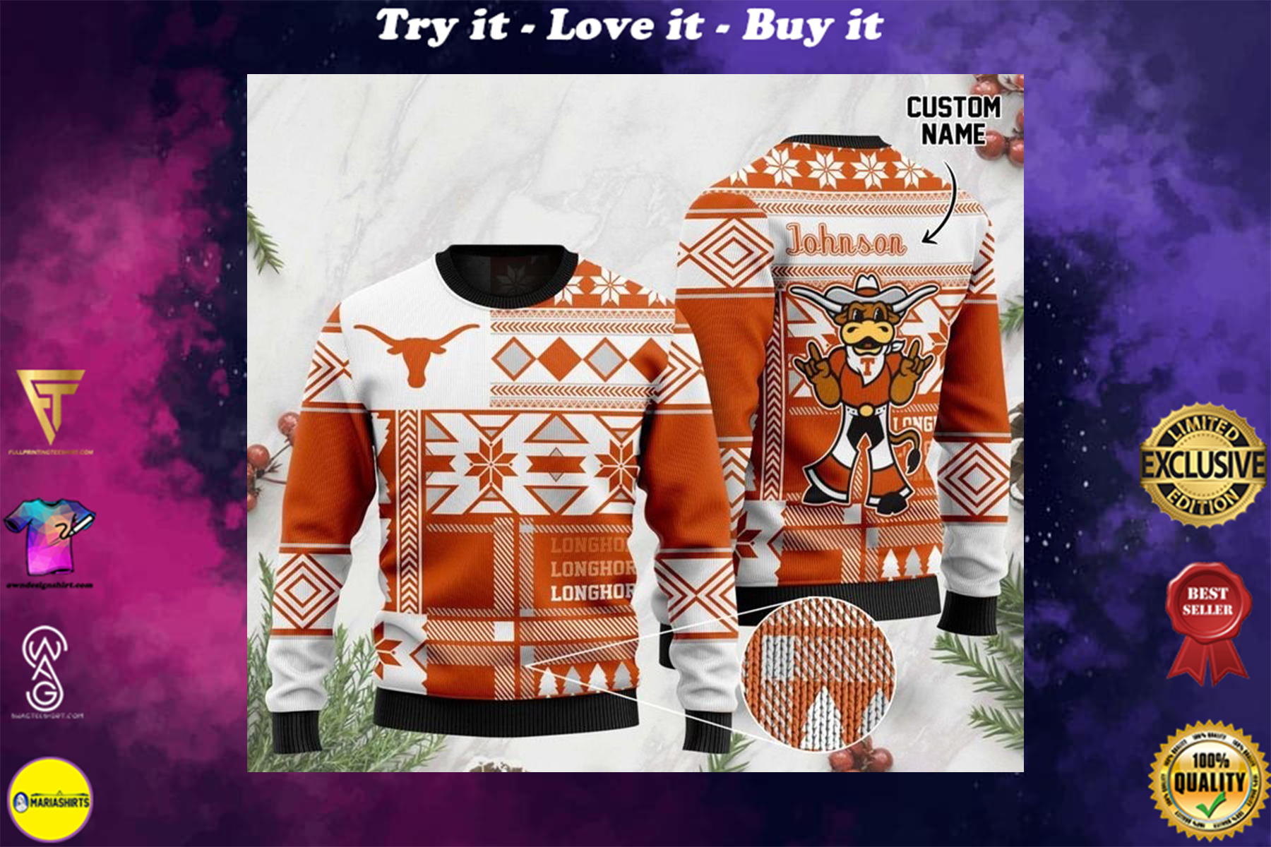 [special edition] custome name texas longhorns football christmas ugly sweater – maria