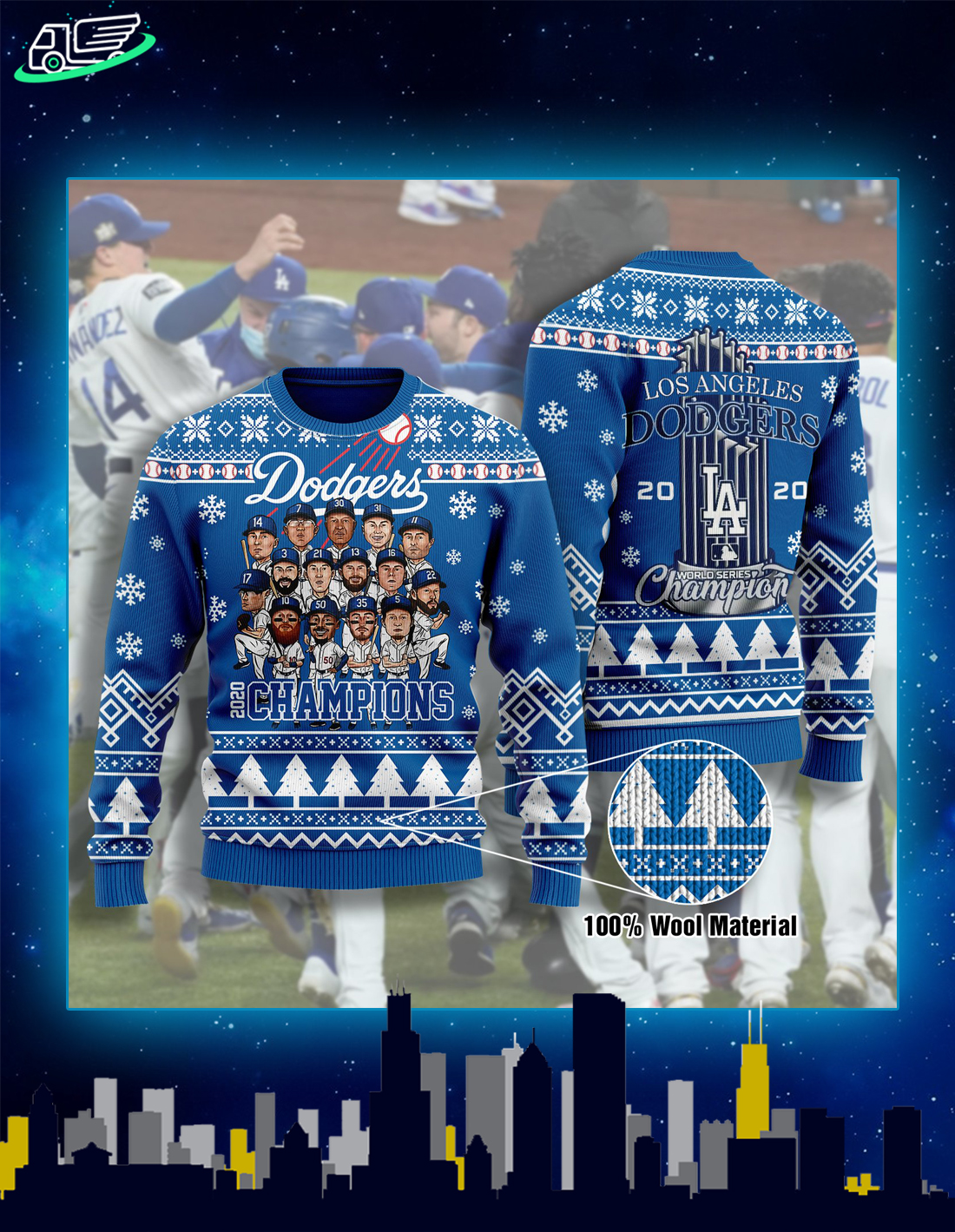 LA dodgers 2020 champions ugly christmas sweater