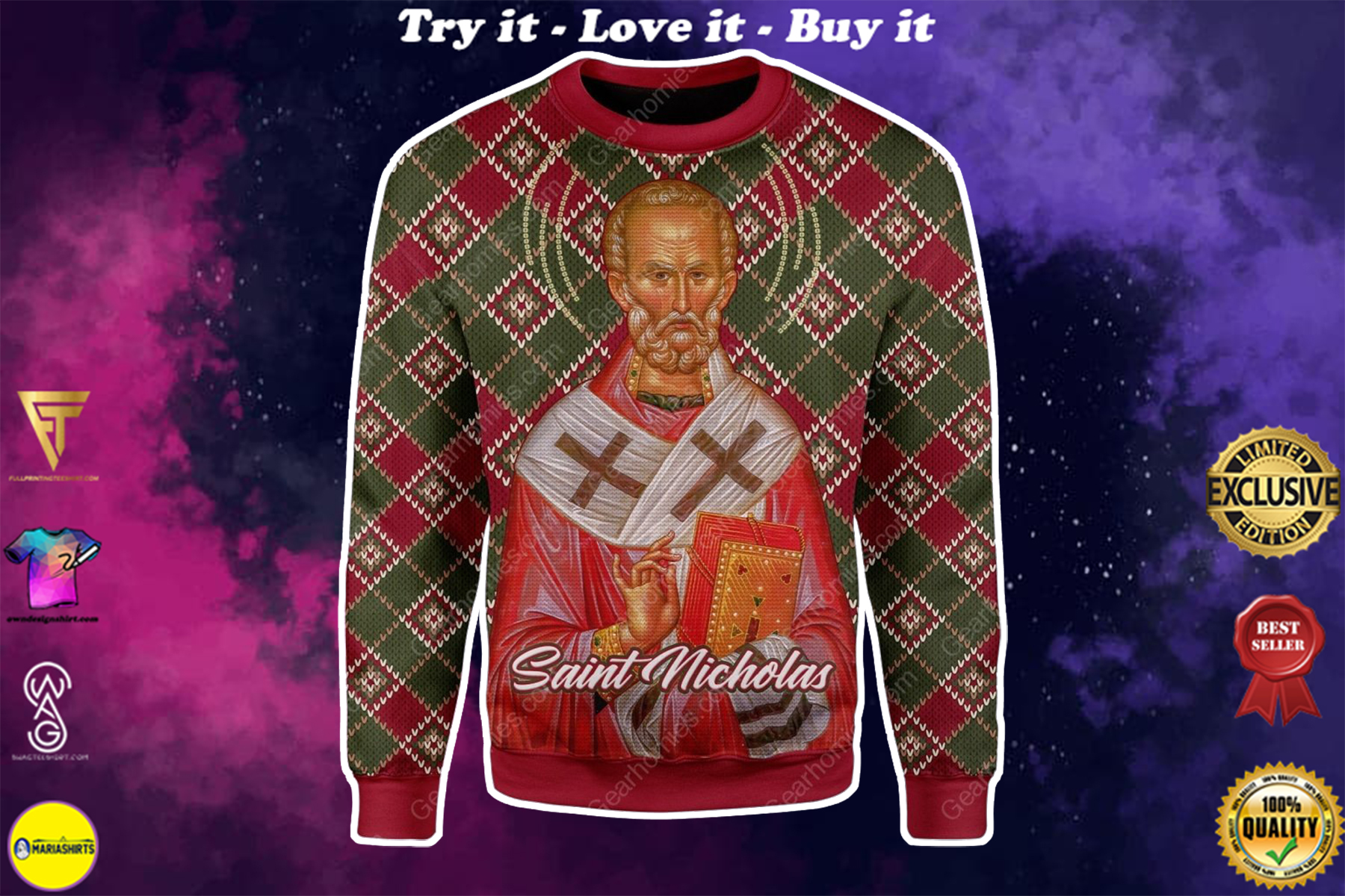 saint nicholas all over printed ugly christmas sweater