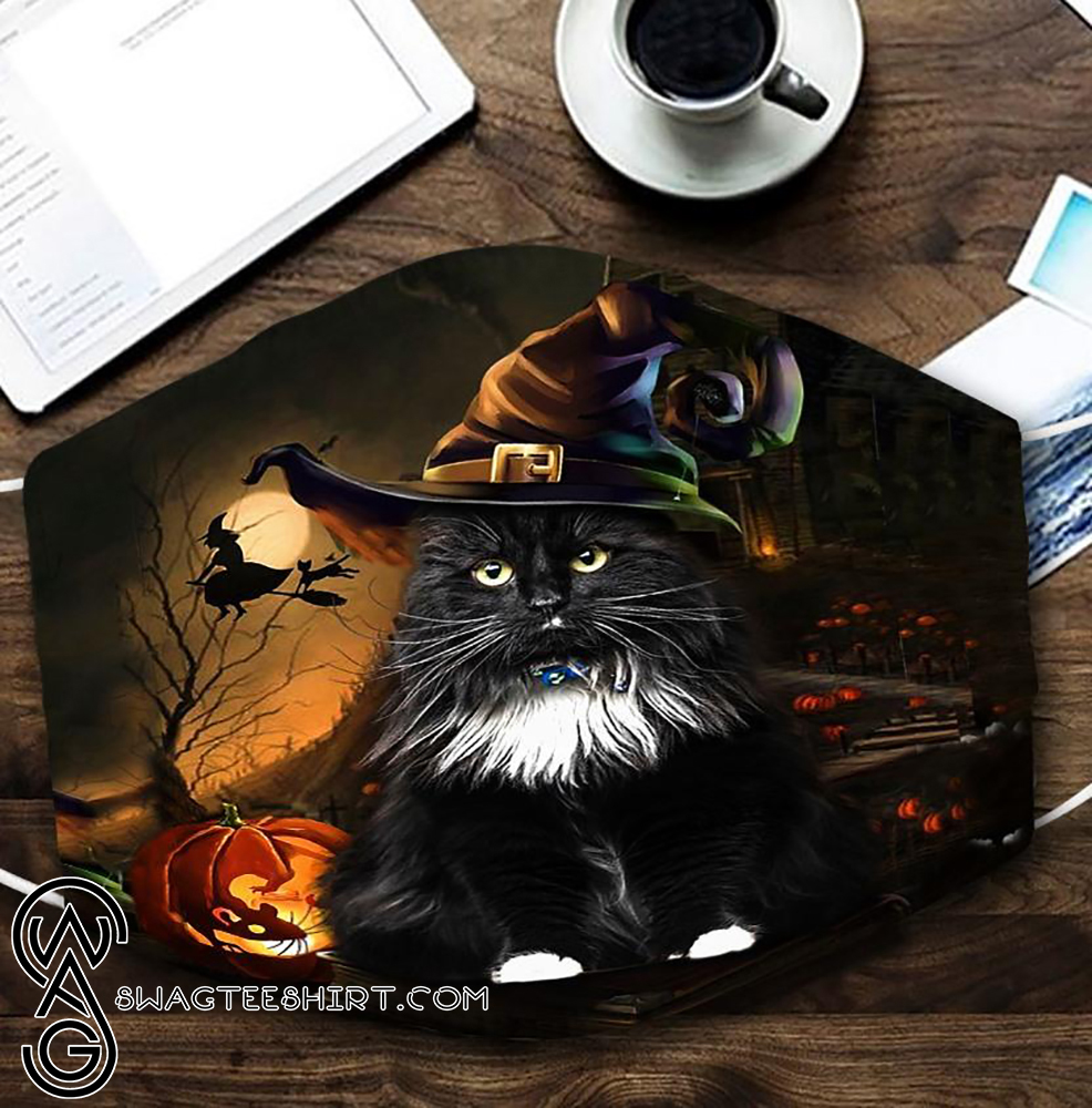 [special edition] halloween black cat with witch hat all over printed face mask – maria