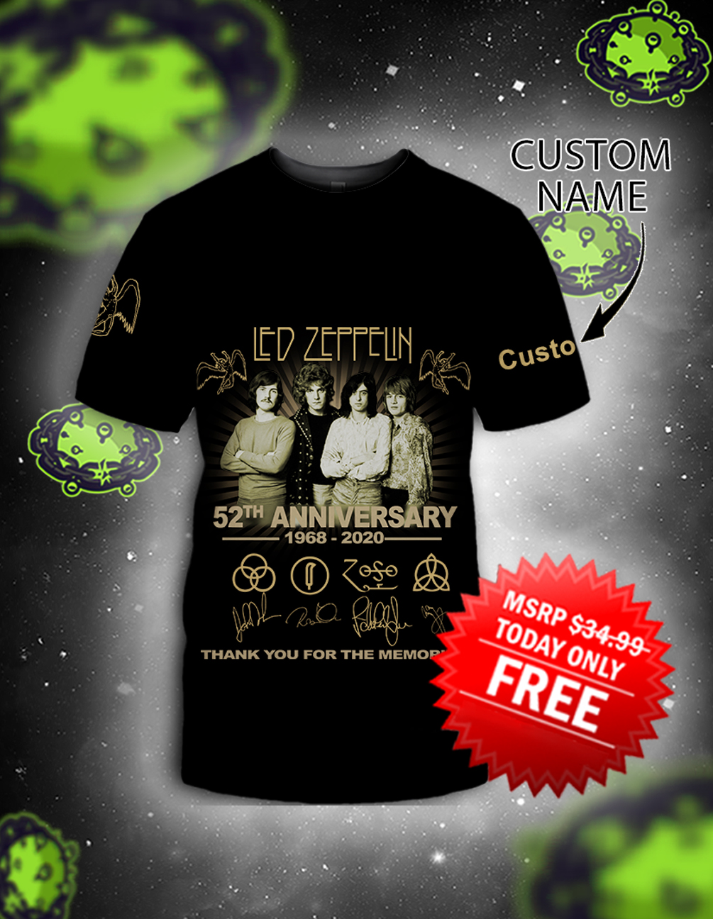 Led zeppelin 52th anniversary personalized custom name 3d shirt