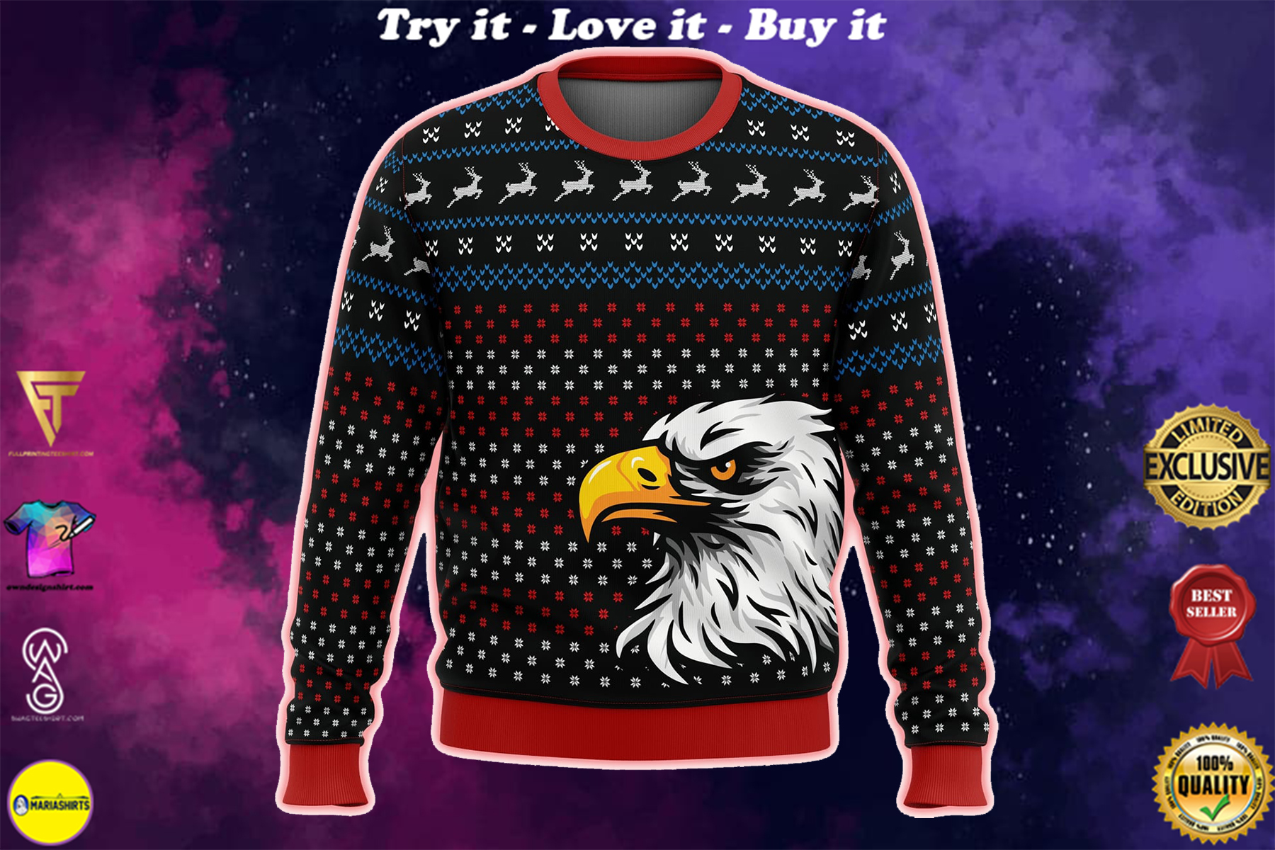 patriotic eagle all over print ugly christmas sweater