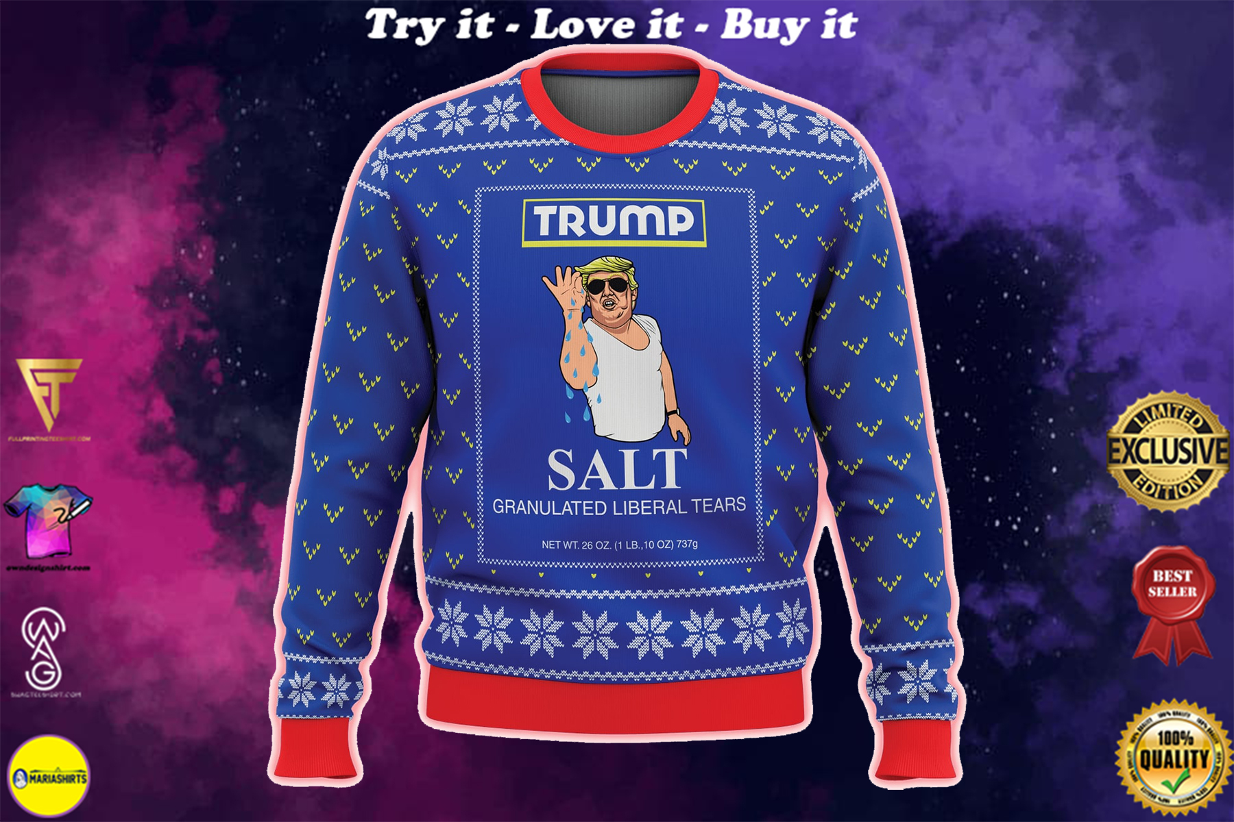 trump salt liberal tears all over printed ugly christmas sweater