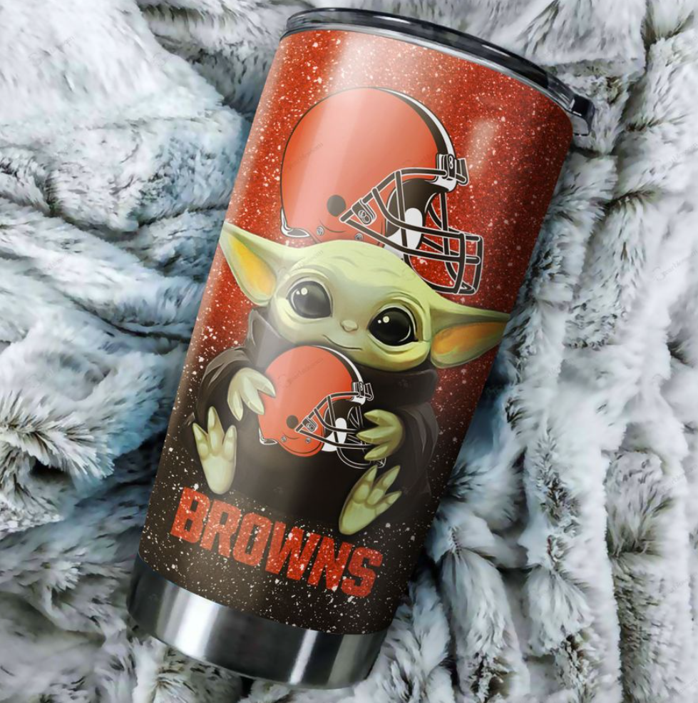 Personalized Baby Yoda hug Cleveland Browns tumbler 1