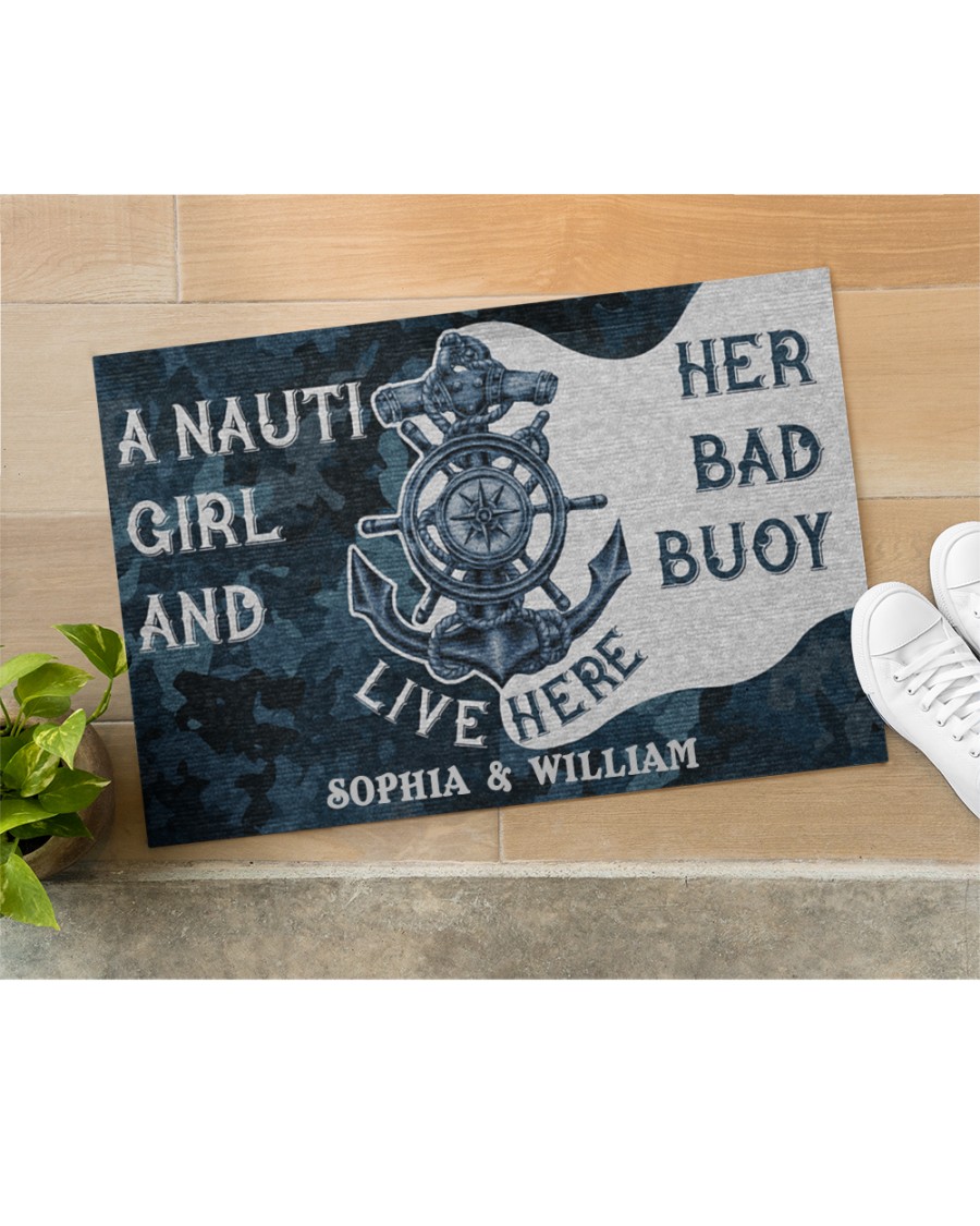 Personalized Sailor Nauti Girl And Her Bad Buoy Live Here Doormat 1