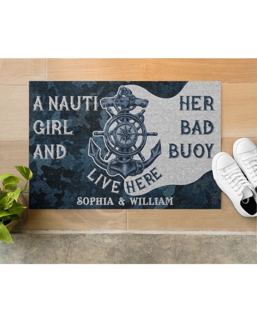 Personalized Sailor Nauti Girl And Her Bad Buoy Live Here Doormat 2