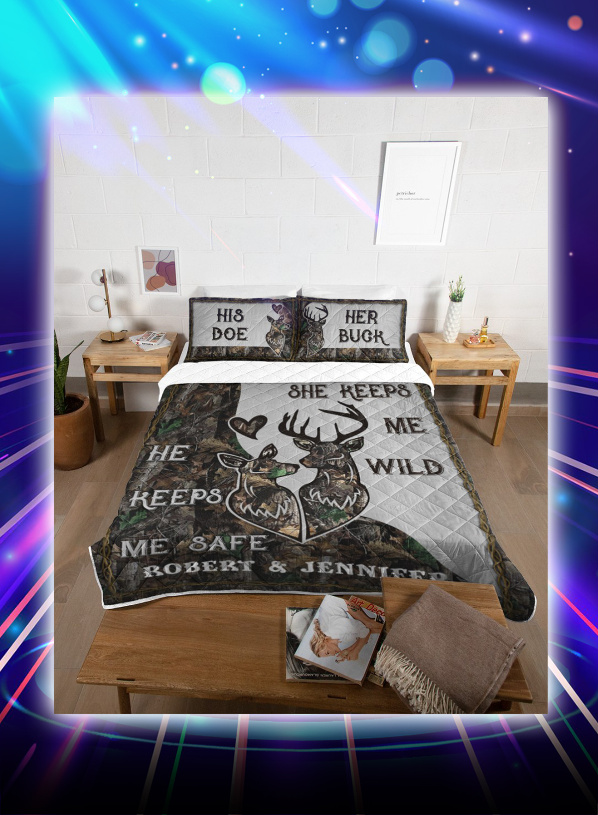 Personalized deer couple camo safe wild his doe her buck bed set - Picture 1