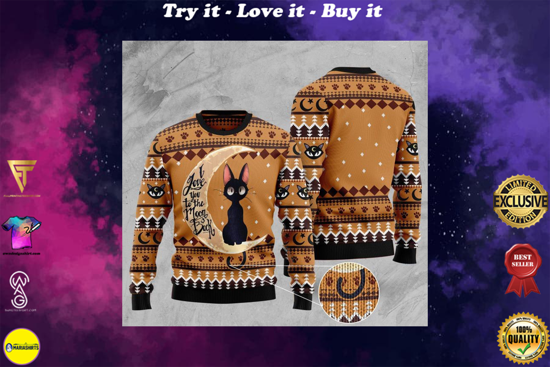 black cat i love you to the moon and back ugly sweater