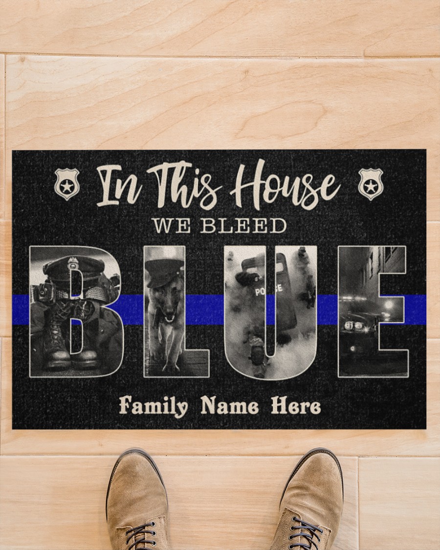 Police In this house we bleed blue custom name doormat