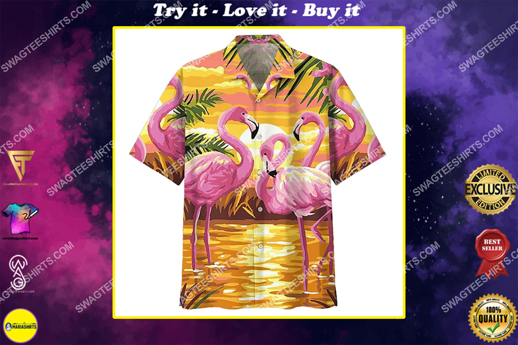 sunset on the beach and flamingo all over print hawaiian shirt